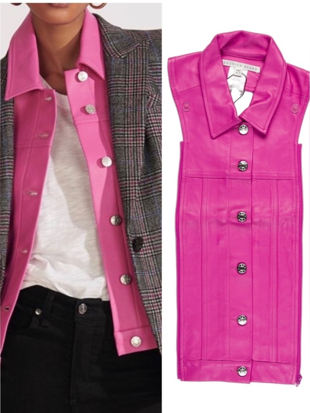 $495 Veronica Beard Hot Pink Fuchsia Lamb Leather Slate Dickey jacket insert